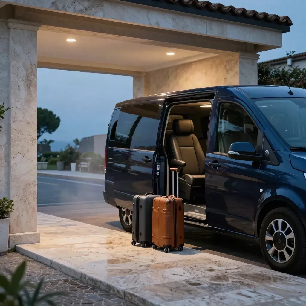 Furgone chauffeur scuro accanto a un portico in pietra con due valigie pronte all’arrivo.
