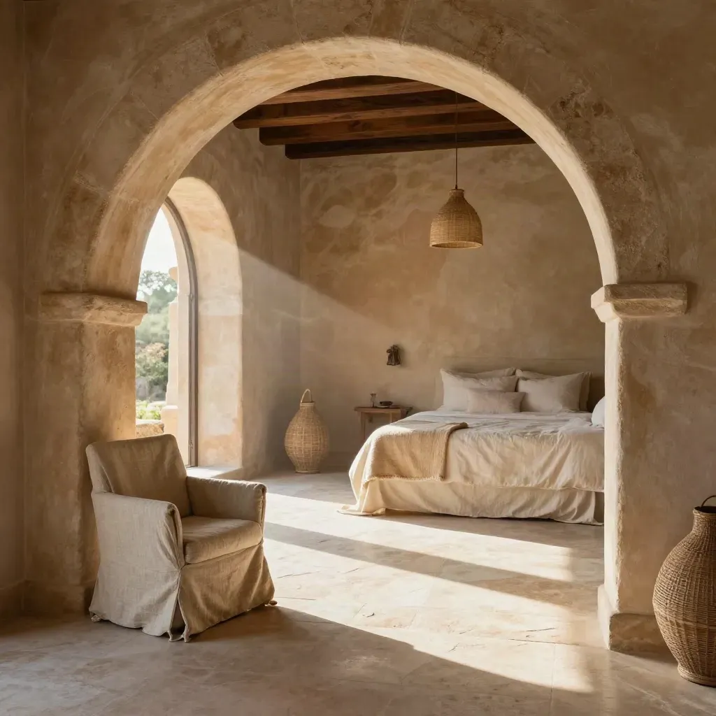 Suite di masseria con sedie in lino, arco in pietra e letto neutro, luce calda e ombre morbide.
