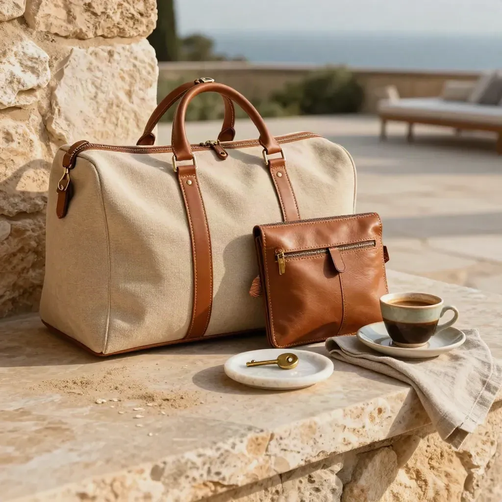 Borsone da viaggio, cartella in pelle e ceramiche su patio di masseria al tramonto