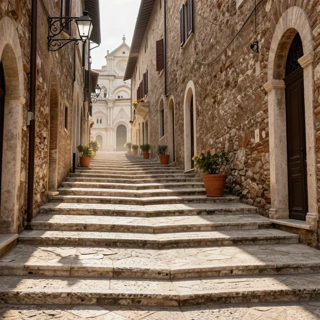Vicolo storico di borgo con gradini in pietra, lanterne e cattedrale sullo sfondo.