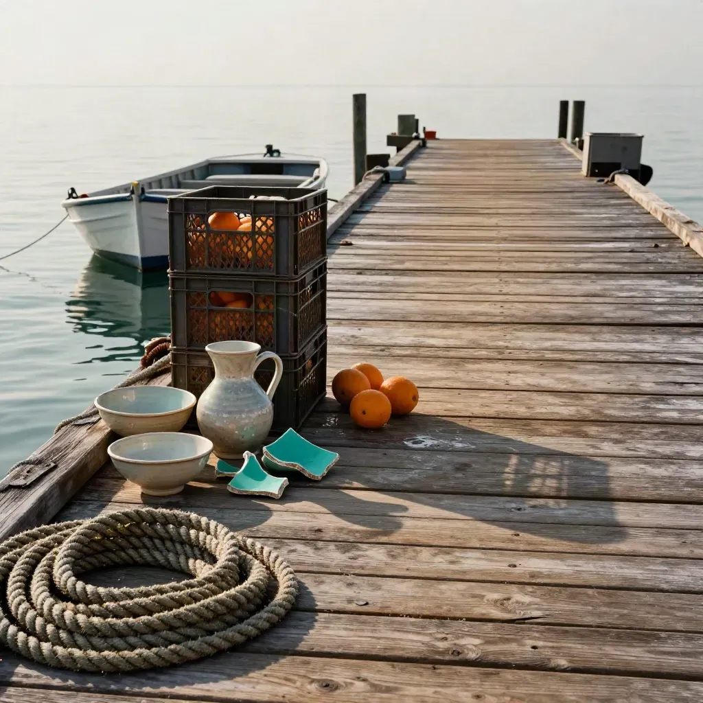 Molo di pescatori con gozzo, cassette di agrumi, corde e ceramiche sul mare.