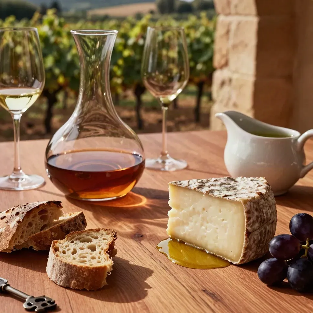 Tavolo di degustazione con vino, pane, olio, formaggio e vigneto al tramonto.