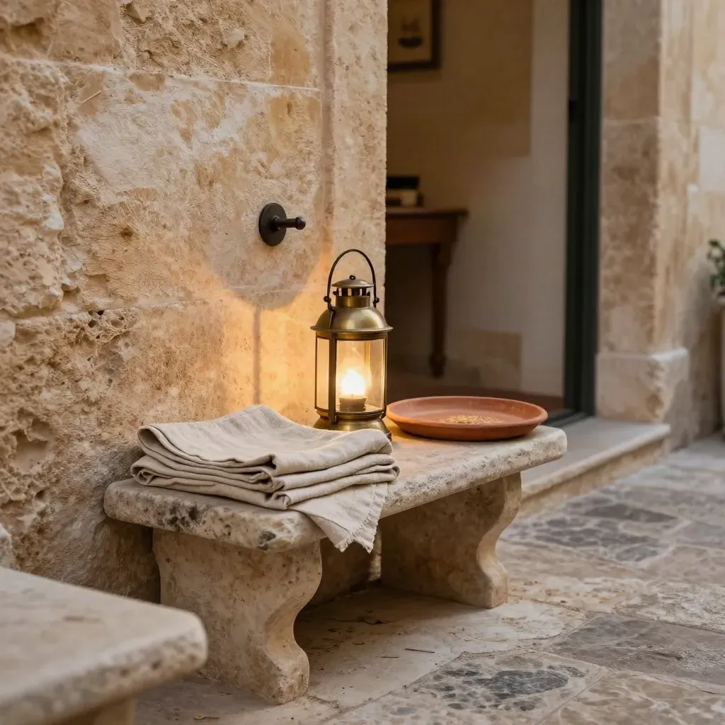 Cortile in pietra di Matera con lanterna accesa, lino piegato e ingresso boutique nei sassi.