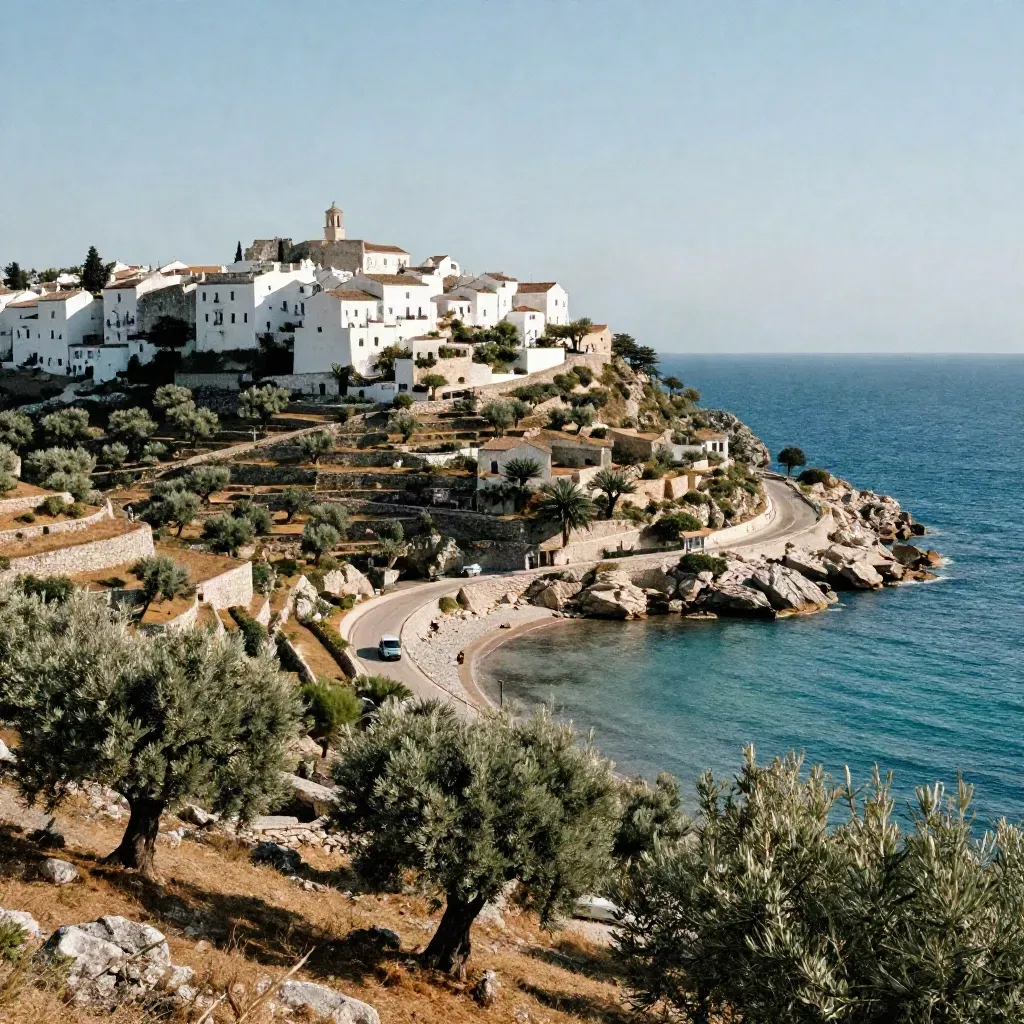 Borgo bianco in Puglia sopra uliveti, strada costiera e van privato vicino al mare turchese.