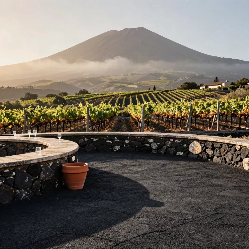 Terrazza di cantina sull’Etna con filari di viti, pietra lavica e vaso di agrumi.