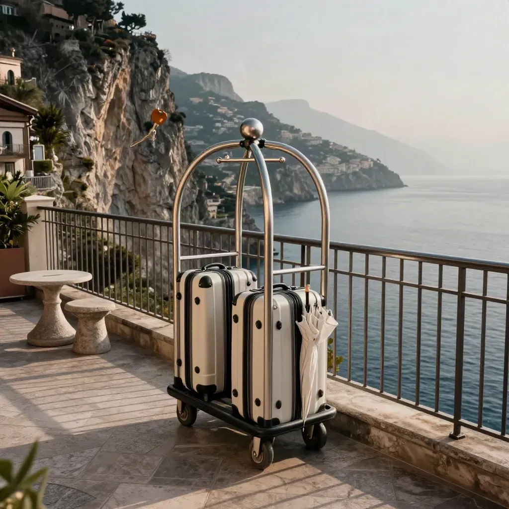 Terrazza d’hotel sulla costa campana con valigie pronte e mare in foschia.