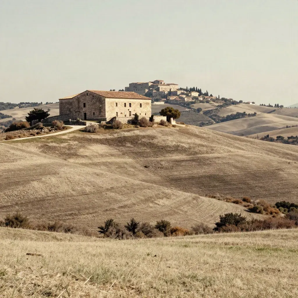 Borgo lucano in collina con masseria in pietra e pascolo secco nella foschia.