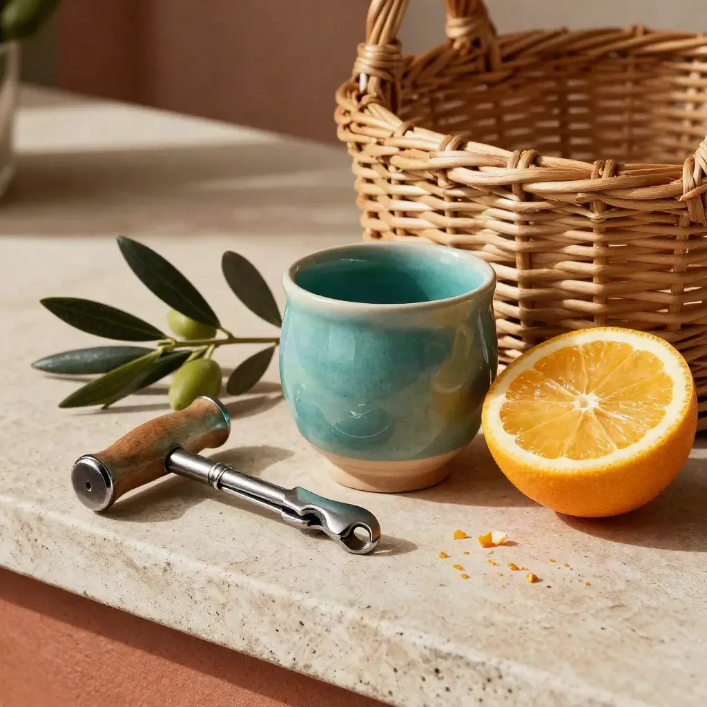 Cestino di mercato, agrumi, rametto d’olivo e tazza in ceramica su banco di pietra.