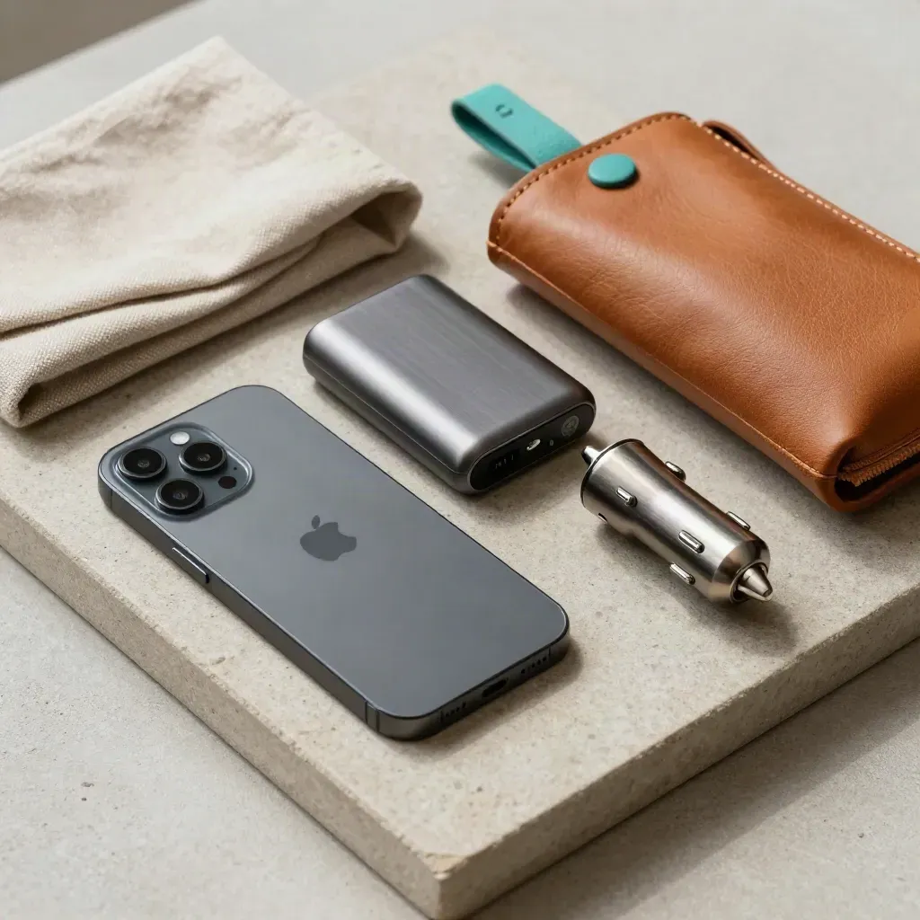 Kit di supporto viaggio con telefono, power bank, caricatore auto, torcia e custodia in pelle.
