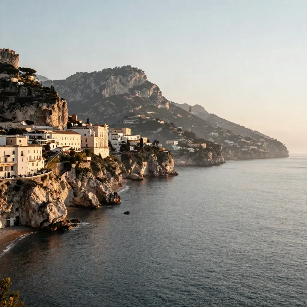 Costiera Amalfitana all’alba con scogliere, monastero in alto e baia velata di foschia