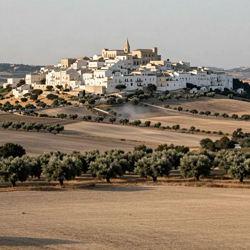 Ostuni bianca sulla collina, ulivi e campi chiari nella luce calda del tardo pomeriggio.