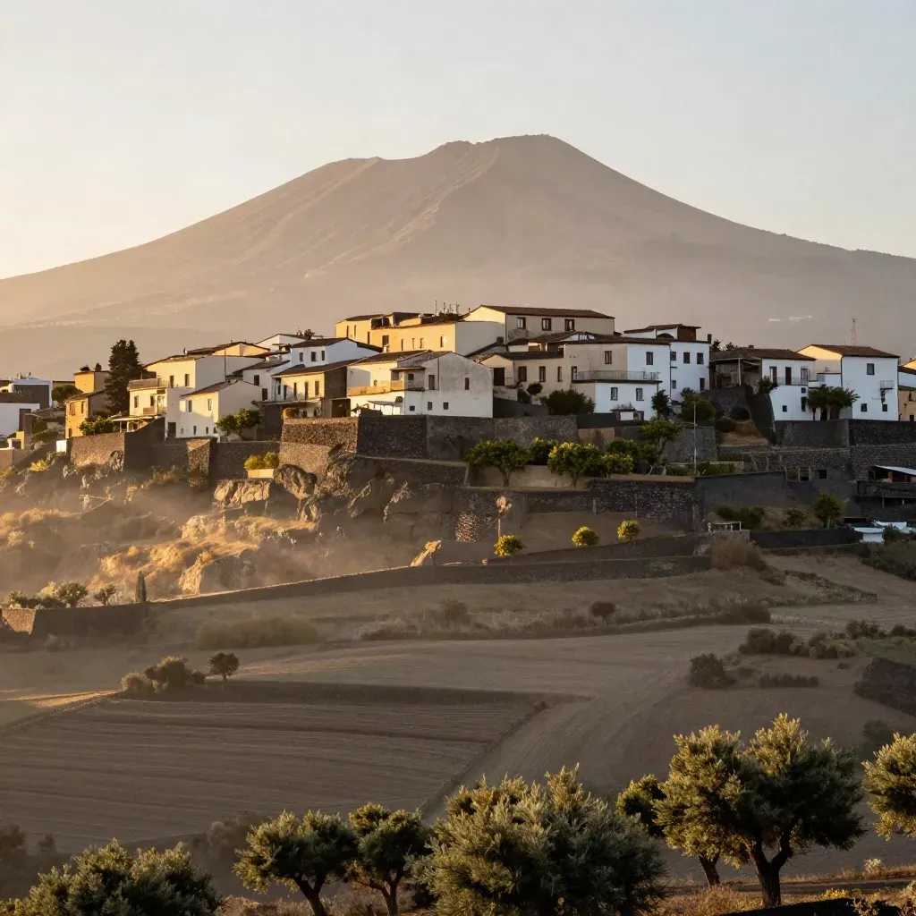 Etna al tramonto dietro un borgo siciliano e terrazze di agrumi nella foschia